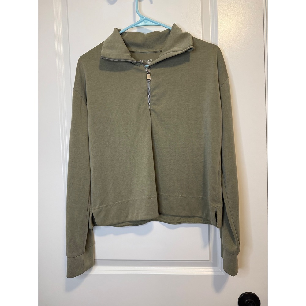 Athleta Quarter Zip Pullover Women Small Green Excellent Cropped Long Sleeve